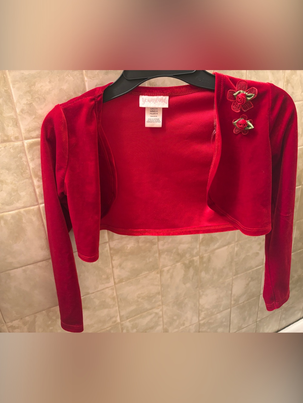 Red Velvet Cropped Bolero with Rose Appliqués